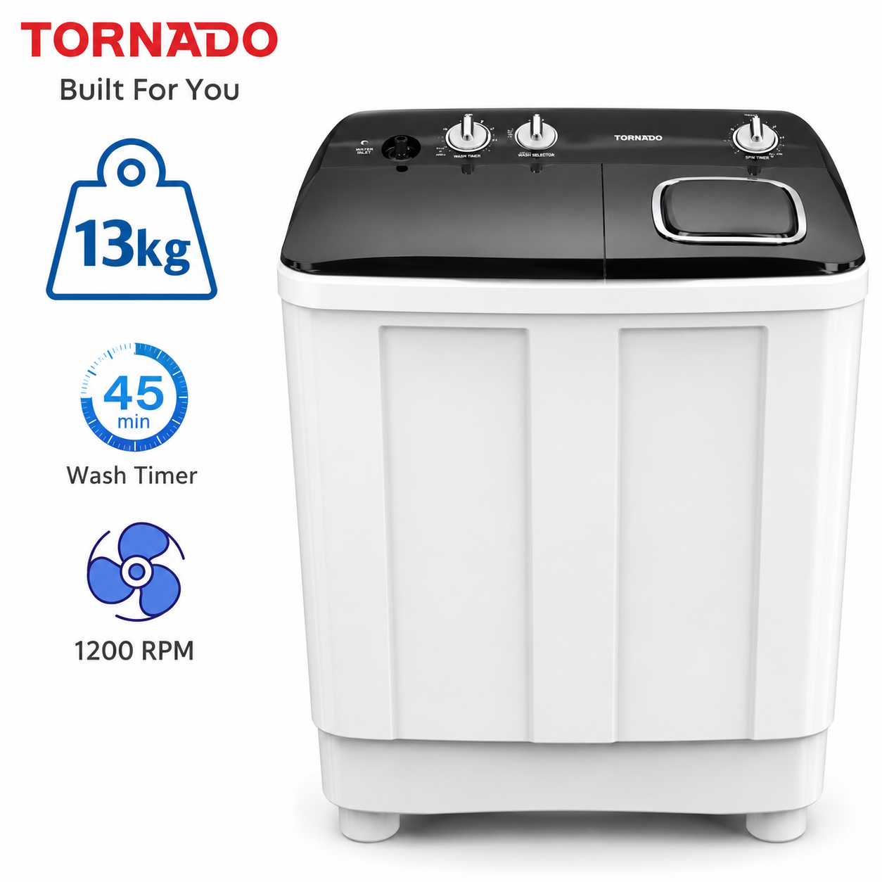Tornado 13kg twin tub washing machine with 45-minute wash timer and 1200 RPM spin speed