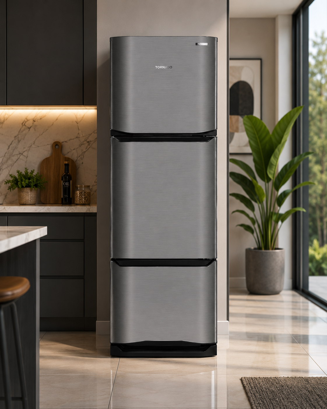 TORNADO inverter refrigerator in a modern kitchen