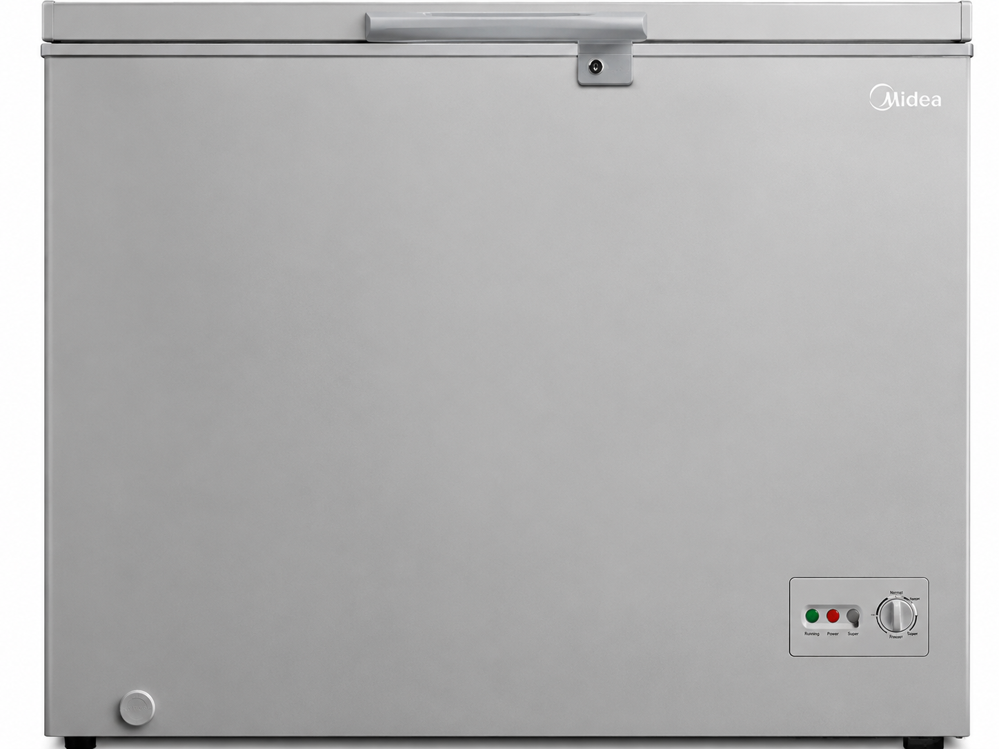 Midea chest freezer in silver with a spacious front panel, top handle, central lock, and temperature control panel.