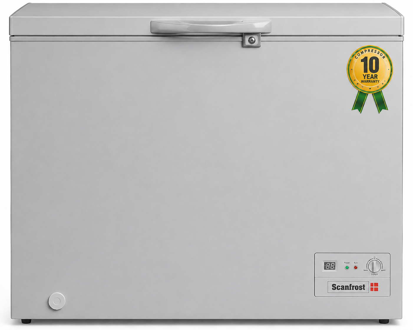 Scanfrost chest freezer in light gray with a 10-year compressor warranty badge, top handle, front lock, thermostat control panel, and drain cap.