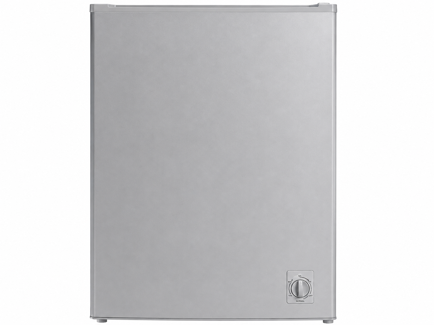 Silver single-door refrigerator with a minimalist design, recessed top handle, and temperature control dial on the lower right.