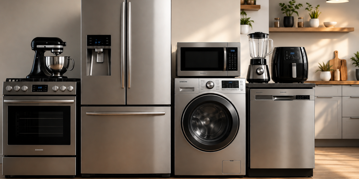 Modern kitchen with stainless steel refrigerator, oven, microwave, washing machine, dishwasher, blender, stand mixer, and air fryer.