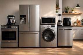 Modern kitchen with stainless steel refrigerator, oven, microwave, washing machine, dishwasher, blender, stand mixer, and air fryer.