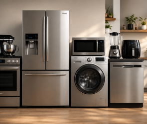 Modern kitchen with stainless steel refrigerator, oven, microwave, washing machine, dishwasher, blender, stand mixer, and air fryer.