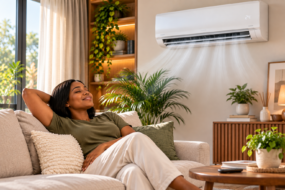 A lady making use of an air con in her living room