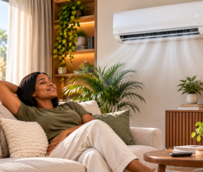 A lady making use of an air con in her living room